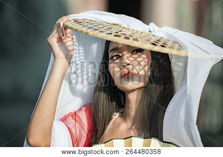 Close Up Portrait Beautiful Chinese Woman White Dress Traditional, Beautiful And Belligerent Face; A