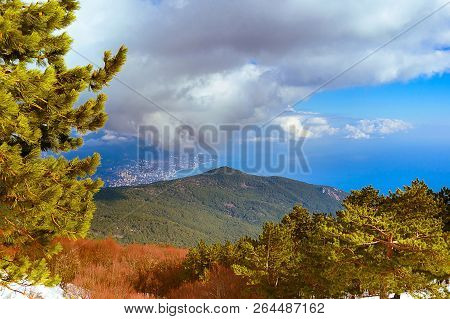 View Of The Bay In The Black Sea, Green Mountains, White Clouds, Ai-petri, Crimea, Russia