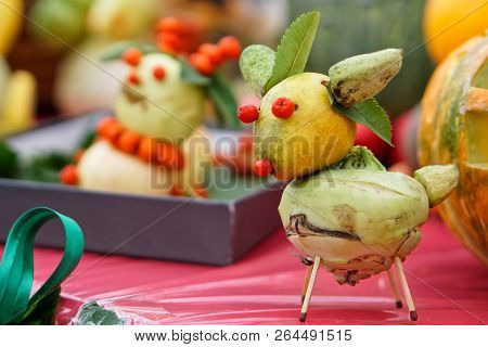 A Sweet Animal From Pear And Cabbage. An Example Of Decorative Work With Vegetables. Farm Fair. Autu
