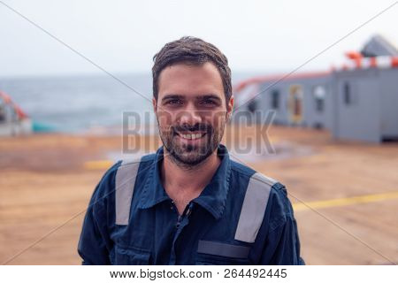 Marine Deck Officer Or Chief Mate On Deck Of Vessel Or Ship