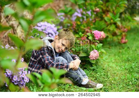 What To Expect. Small Boy Relax In Garden. Small Boy Expecting Something. Live In The Very Soul Of E