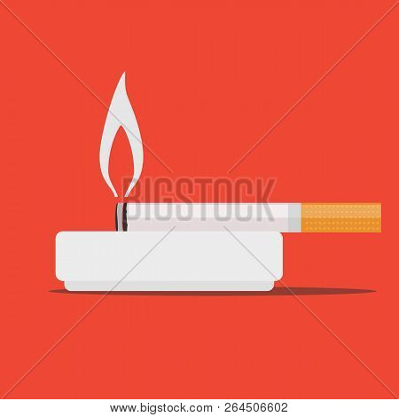 Round Ceramic Ashtray With Cigarette. Stock Flat Vector Illustration.