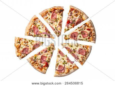 Cut Into Slices Delicious Fresh Pizza With Ham And Mushrooms Isolated On White Background. Top View 
