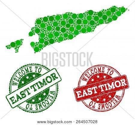 Welcome Combination Of Map Of East Timor And Dirty Seals. Vector Greeting Seals With Distress Rubber