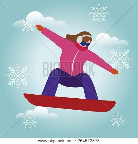 Isometric Isolated Vector Woman Snowboarder. Urban Style And Hot Tricks In Park. Snowboarding, Winte