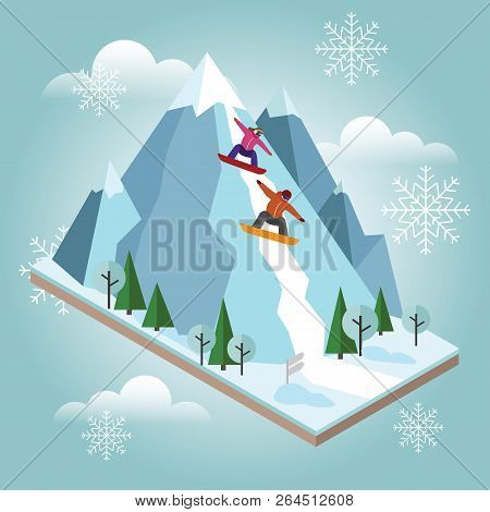 Isometric Vector Man And Woman Pull Off The Mountain. Snowboarding, Winter Sport. Olimpic Games, Rec