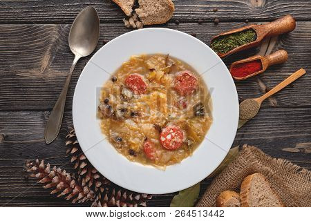 Slovak Christmas Cabbage Soup With Mushrooms On Natural Background.