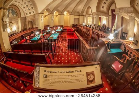Washington Dc, Usa - September 4, 2018: The Old Supreme Court Gallery Clock Chamber Of The United St