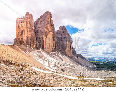 Tre Cime Di Lavaredo, Aka Drei Zinnen, Rock Formation In Dolomites, Italy