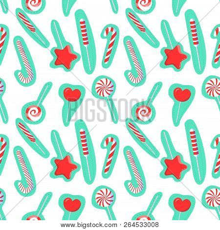 Seamless Pattern With Stickers Of Candy Canes.art Can Be Used For Poster, Postcard, Holiday Packing.