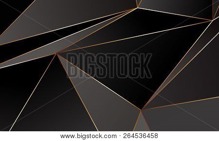 Black And Grey Premium Background With Luxury Polygonal Pattern And Gold Triangle Lines. Low Poly Gr
