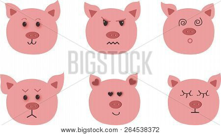 Hand Drawn Vector Art Of Pig. Nine Character Emotions: Happy, Sadness, Anger, Love, Surprise. Chines