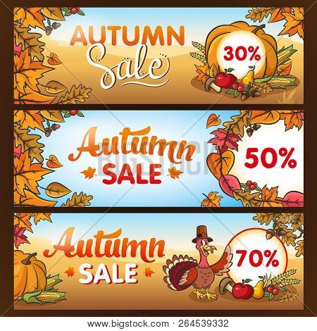 Advertising  Banners For Thanksgiving Autumn Sale With Lettering, Vegetables, Fruits, Outumn Leaves 