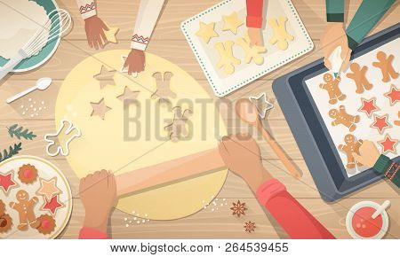 Happy Family Preparing Sweets For Christmas: The Mother Is Flattening The Dought With A Rolling Pin 