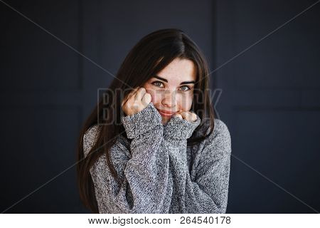 Emotions, Feelings And Face Expression. Playful Coquettish Flippant Childish Woman Portrait On Dark 
