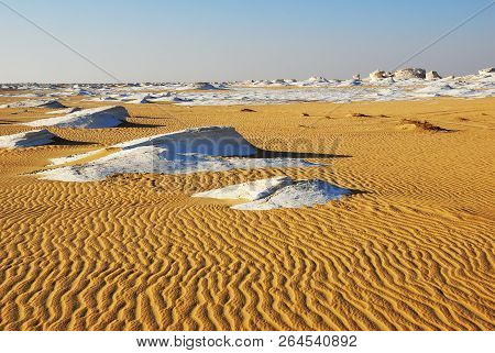Beautiful Abstract Nature Rock Formations In Western White Desert At Sunrise, Sahara. Egypt
