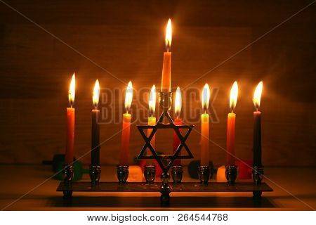 Hanukkah Is A Jewish Holiday. Burning Chanukah Candlestick With Candles. Chanukiah Menorah.