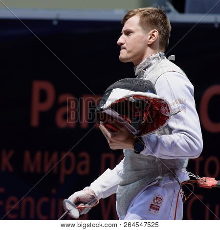 ST. PETERSBURG, RUSSIA - MAY 6, 2018: Alexey Cheremisinov during Fencing World Cup Saint-Petersburg Foil. This annual tournament is hold in 44th time