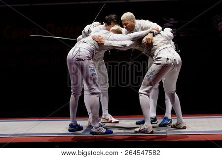 ST. PETERSBURG, RUSSIA - MAY 6, 2018: Team USA before the final match against Italy during Fencing World Cup Saint-Petersburg Foil. This annual tournament is hold in 44th time