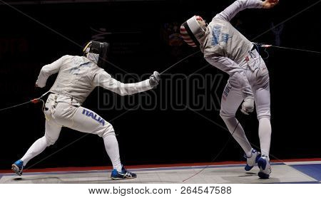 ST. PETERSBURG, RUSSIA - MAY 6, 2018: Final match USA vs Italy during Fencing World Cup Saint-Petersburg Foil. This annual tournament is hold in 44th time