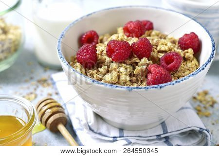 Homemade Multicereal Granola With Fresh Raspberry, Honey And Dairy Product.