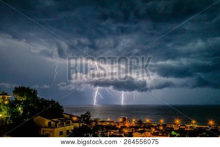 Lightning Over The Sea, Night Landscape Scene