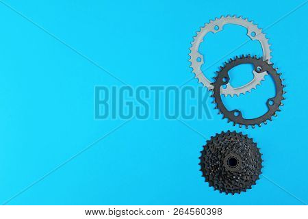 Set Of Different Bicycle Parts On Color Background, Flat Lay. Space For Text