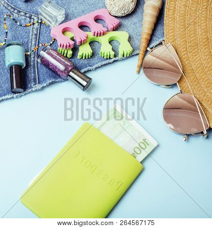 Diverse Travel Girlish Stuff On Colorful Background Blue And Yel