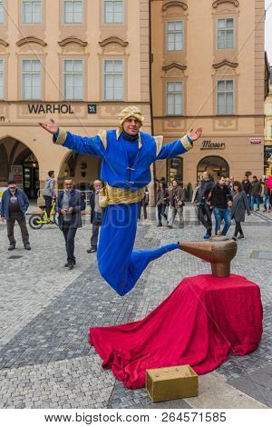 Prague Czech Republic - 19 October 2017: Street performer dressing as Genie and the Magic Lamp.