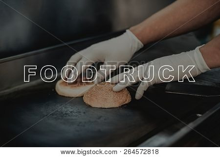 Burger Preparation Concept. Bread Bun Grilling. Prepair For Dinner. Tasty And Delicious. Lunch Nutri