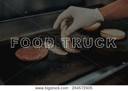Burger Preparation. Bread And A Beef Grilling. Prepair For Dinner. Tasty And Delicious. Lunch Nutric