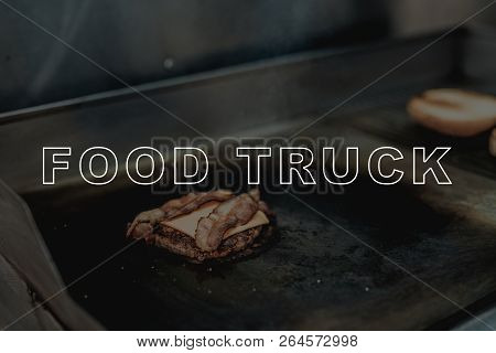 Burger Preparation. Bread And A Beef Grilling. Prepair For Dinner. Tasty And Delicious. Lunch Nutric