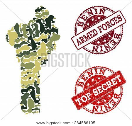 Military Camouflage Combination Of Map Of Benin And Red Rubber Seals. Vector Top Secret And Armed Fo