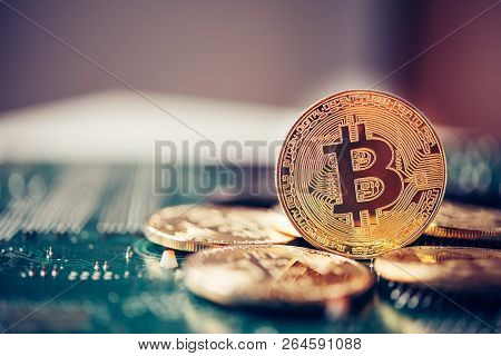 Bit Coin Placed On The Electronics. Evolutionary Concept In Finance