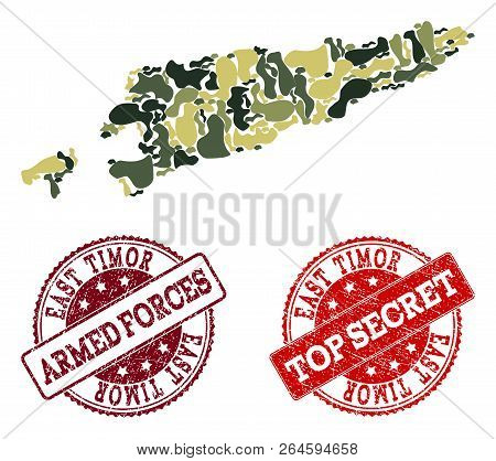 Military Camouflage Collage Of Map Of East Timor And Red Corroded Seals. Vector Top Secret And Armed