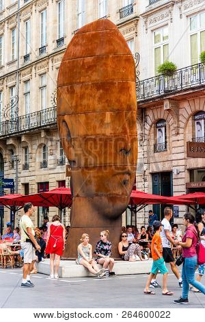 Bordeaux, France - July 22, 2018: Sanna Sculpture By Jaume Plensa In Place De La Comedie Or Comedy S