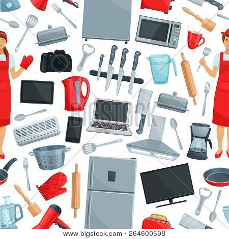 Household Appliance And Kitchen Utensil Seamless Pattern Background. Vector Fridge, Toaster And Blen
