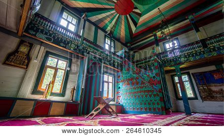 Artvin, Turkey - July 2018: Colorful Internal Painting And Decoration Of The Mosque In Iremit Maral 