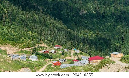 Artvin, Turkey - July 2018: Misirli Village In Highlands Of Blacksea Region With Traditional Wood Ho