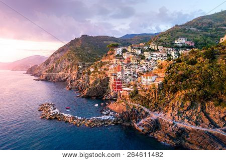 Riomaggiore Of Cinque Terre, Italy - Traditional Fishing Village In La Spezia, Situate In Coastline 