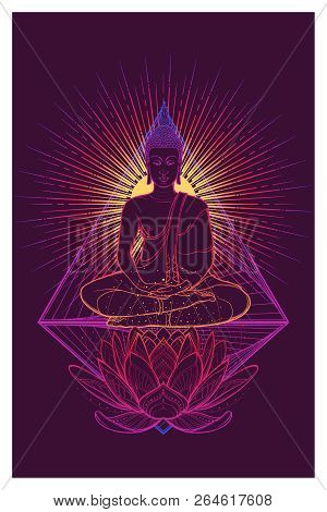Buddha Meditating In The Single Lotus Position. Intricate Hand Drawing Isolated On Byzantium Tone Ba