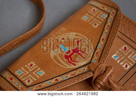 Moscow, Russia - 10 23 2018: Egyptian Souvenir Leather Bag With Pattern