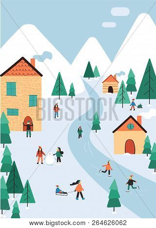 Winter Landscape With People And  Decoration: Tree, Skating, Slade, Snowman, Gift, Flag. Mountain Ci