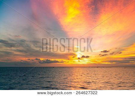 Beautiful Sunset Sky. Beach Sunset. Twilight Sea And Sky. Tropical Sea At Dusk. Dramatic Orange And 