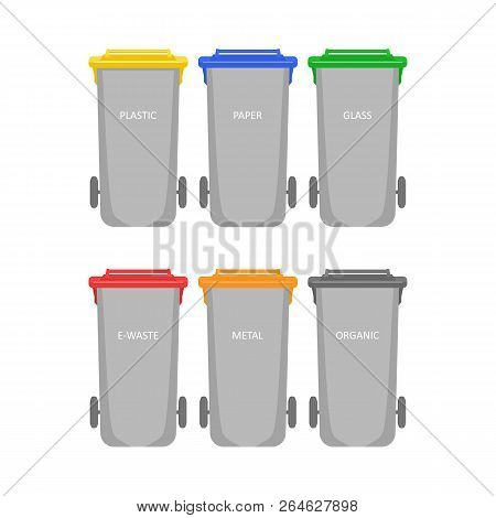 Multi-colored Garbage Containers For Different Garbage And Waste. Waste Bins For Sorting And Recycli
