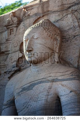 The Closeup Of Stone Image Of Buddha Gautama In Dhyana Mudra, Located In Gal Vihara,  Near Of Polonn