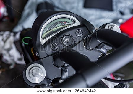 Cropped Close Up Shot Of Beautiful And Custom Made Motorcycle In The Workshop