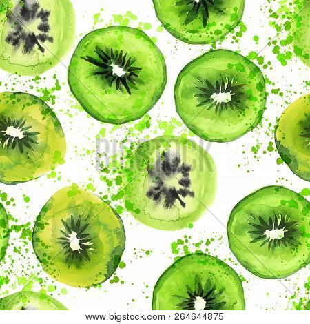 Qiwi Slice Seamless Hand Draw Art Pattern With Watercolor Splashes. Summer Fruit Qiwi Repeat Backgro