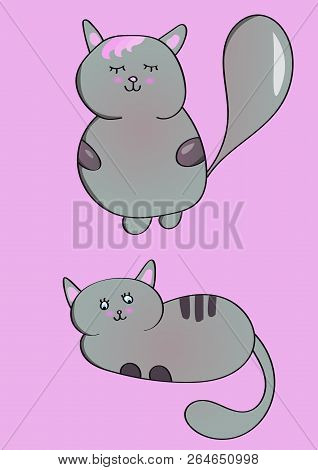 Hand Drawn Vector Illustration Of Two Cats. Funny Cartoon Cute Character. Art Can Be Used For Print,