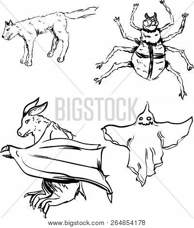 Halloween Set Vector Line Art. Spider, Wolf And Ghosts Illustrations
